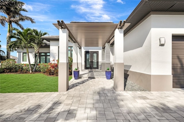 view of patio / terrace with a garage