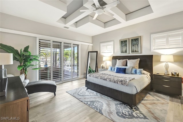 bedroom featuring coffered ceiling, beamed ceiling, ceiling fan, access to exterior, and light hardwood / wood-style floors