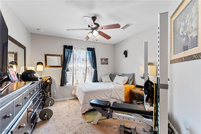 bedroom featuring carpet flooring and ceiling fan