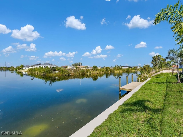 dock area with a water view and a lawn