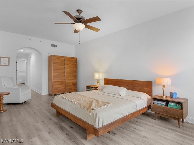 bedroom with ceiling fan and light wood-type flooring