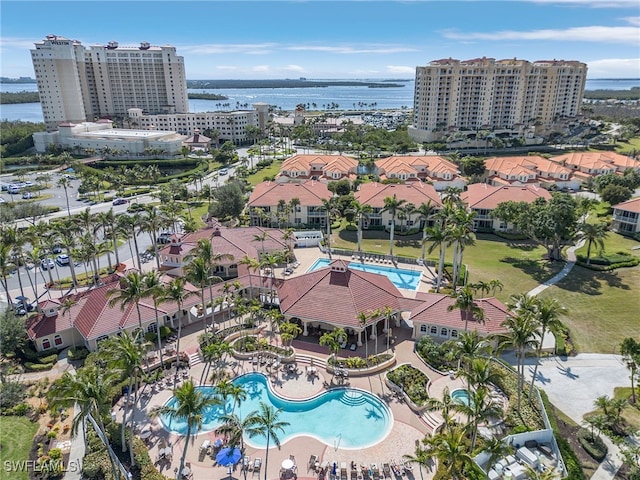 drone / aerial view with a water view