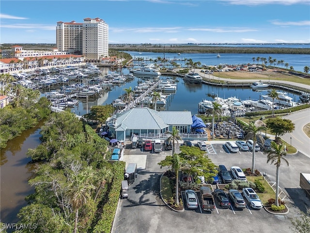 birds eye view of property featuring a water view