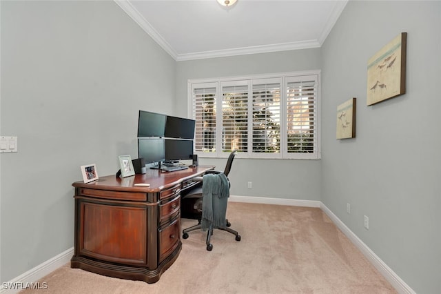 office with light carpet and ornamental molding