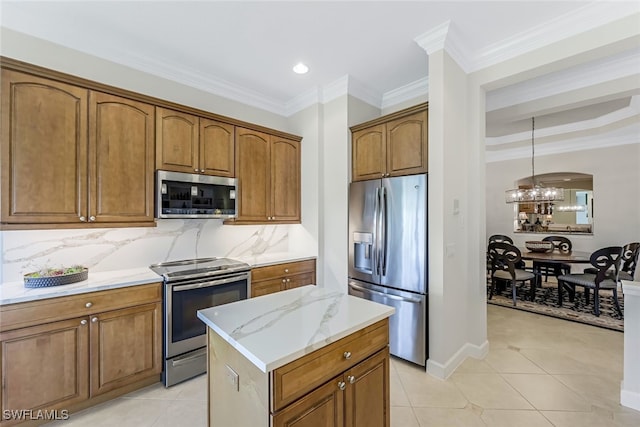 kitchen with stainless steel appliances, ornamental molding, light tile patterned floors, and decorative backsplash