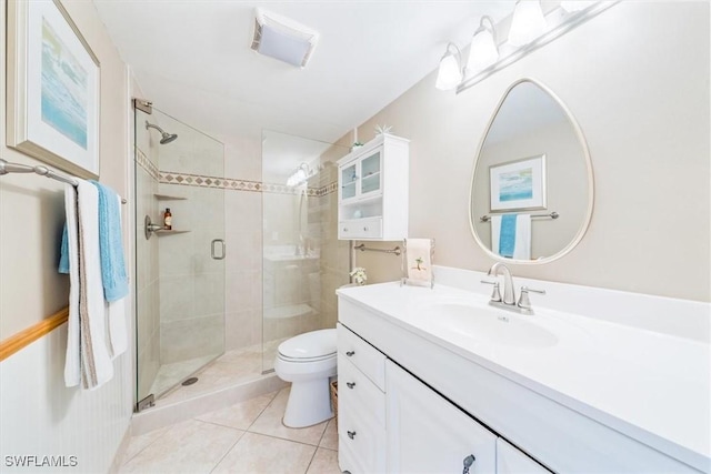 bathroom featuring vanity, an enclosed shower, tile patterned flooring, and toilet