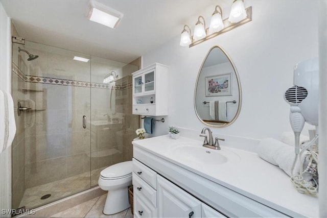 bathroom with vanity, an enclosed shower, toilet, and tile patterned flooring