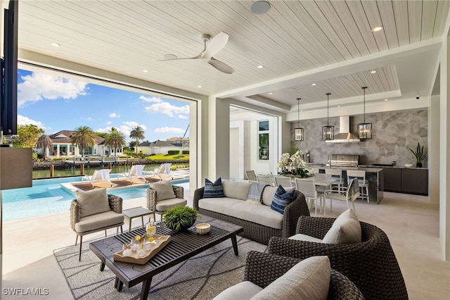 living room featuring floor to ceiling windows, ceiling fan, and wood ceiling