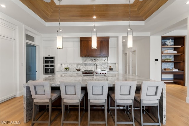 kitchen featuring a tray ceiling, sink, and a large island with sink