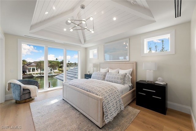 bedroom featuring hardwood / wood-style flooring, access to exterior, a water view, wooden ceiling, and an inviting chandelier