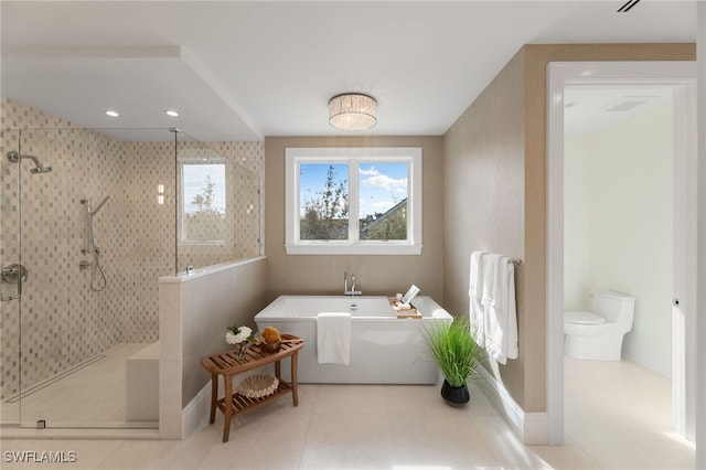 bathroom with toilet and separate shower and tub