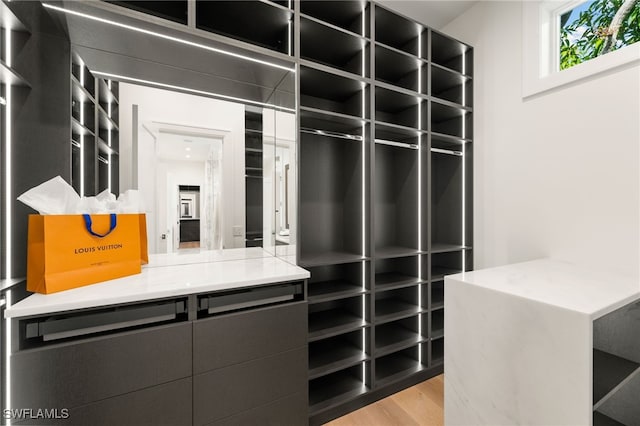 walk in closet featuring light hardwood / wood-style flooring
