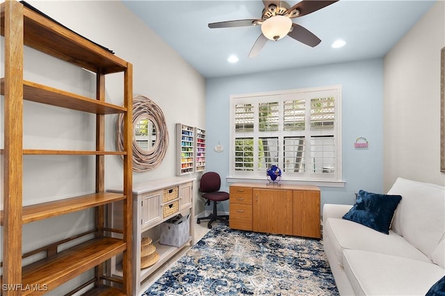 home office featuring ceiling fan and recessed lighting