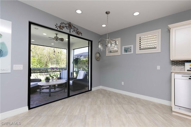 dining room featuring recessed lighting, a chandelier, baseboards, and light tile patterned flooring