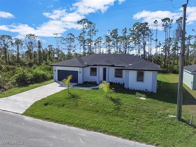 ranch-style home with a garage and a front lawn