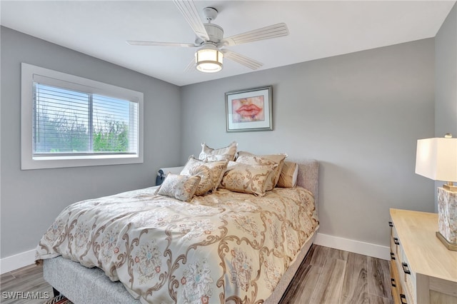 bedroom featuring ceiling fan and wood-type flooring