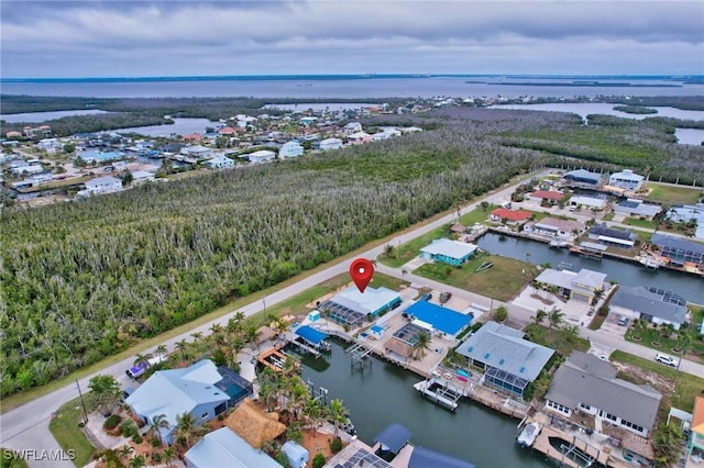 bird's eye view with a water view