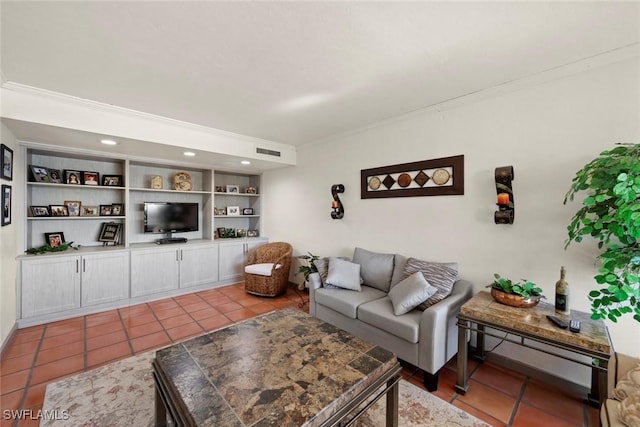 tiled living room featuring visible vents and ornamental molding