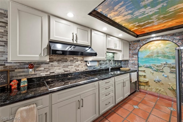 kitchen with tasteful backsplash, black electric stovetop, under cabinet range hood, a raised ceiling, and a sink