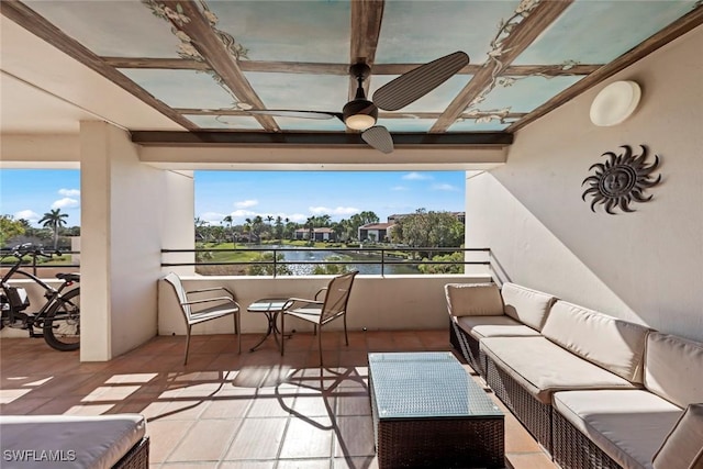 view of patio / terrace featuring an outdoor hangout area, a balcony, and ceiling fan