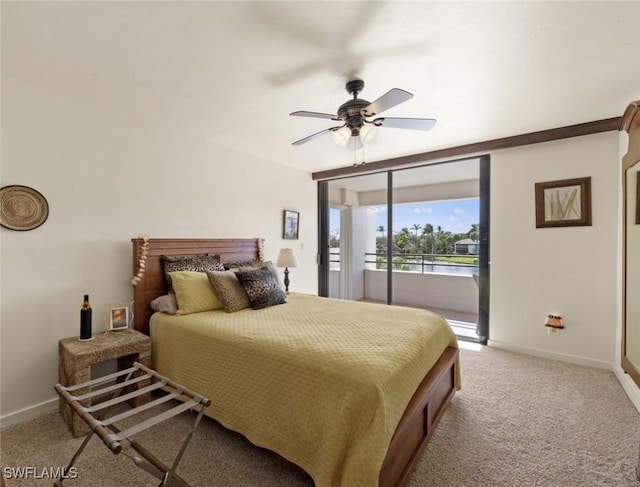 bedroom featuring carpet flooring, a ceiling fan, baseboards, and access to outside