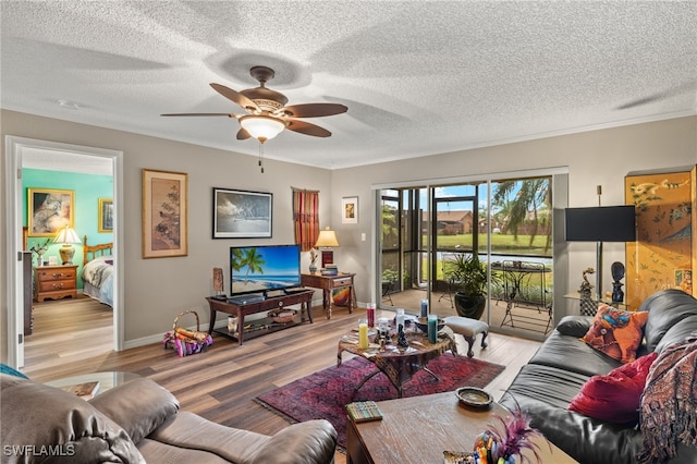 living room with crown molding, light hardwood / wood-style flooring, and a textured ceiling