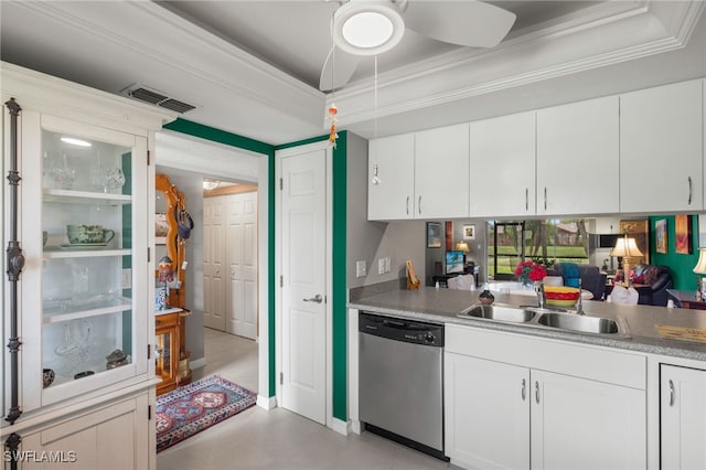 kitchen with sink, crown molding, white cabinets, and dishwasher