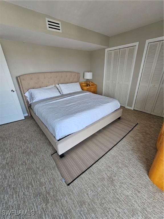 carpeted bedroom with multiple closets