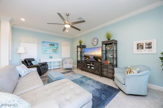 tiled living room with ceiling fan and ornamental molding