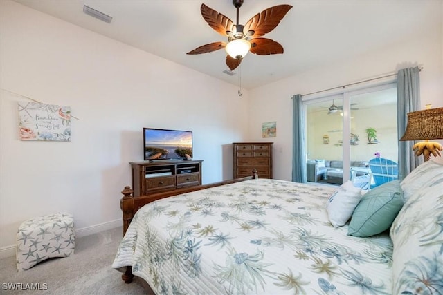 bedroom with light carpet, access to outside, ceiling fan, and vaulted ceiling