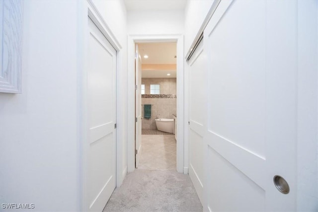 corridor featuring light carpet and tile walls