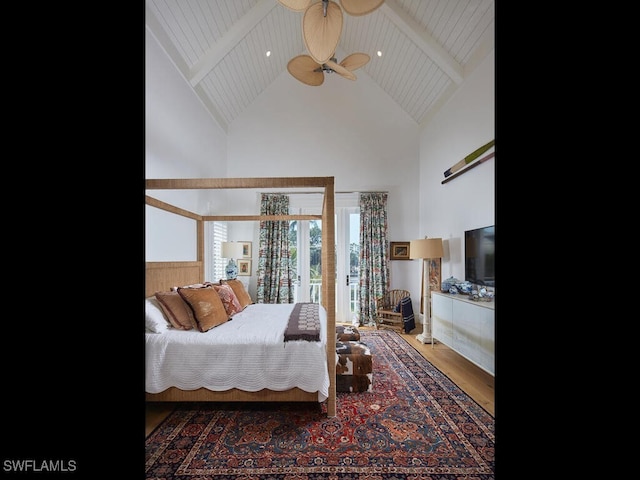 bedroom with high vaulted ceiling, wood finished floors, wood ceiling, access to outside, and beamed ceiling