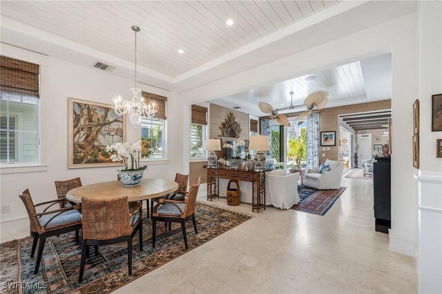 dining room with recessed lighting, a raised ceiling, visible vents, wooden ceiling, and ceiling fan with notable chandelier