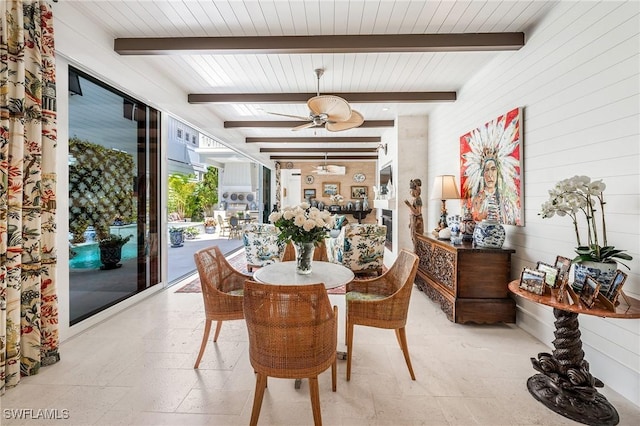 dining room featuring light floors, wood walls, beamed ceiling, and a ceiling fan