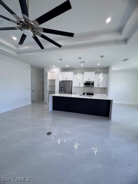 kitchen featuring a spacious island, sink, white cabinetry, appliances with stainless steel finishes, and a tray ceiling