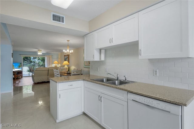 kitchen with dishwasher, sink, white cabinets, backsplash, and kitchen peninsula