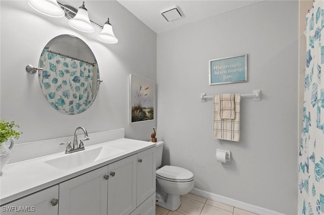 bathroom with tile patterned flooring, vanity, toilet, and walk in shower