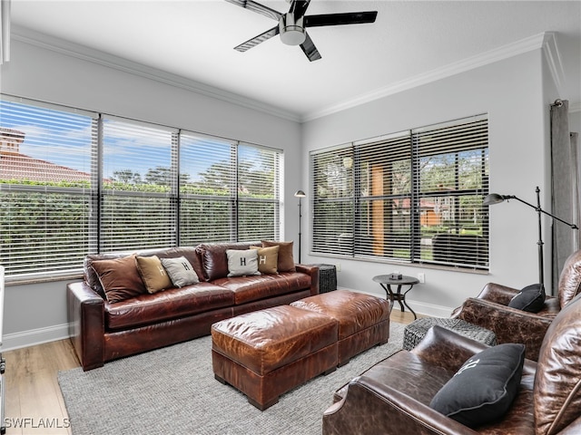 living room featuring crown molding, ceiling fan, and light hardwood / wood-style flooring