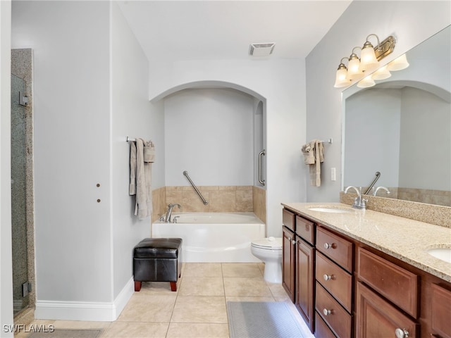 full bathroom featuring tile patterned floors, toilet, vanity, and plus walk in shower