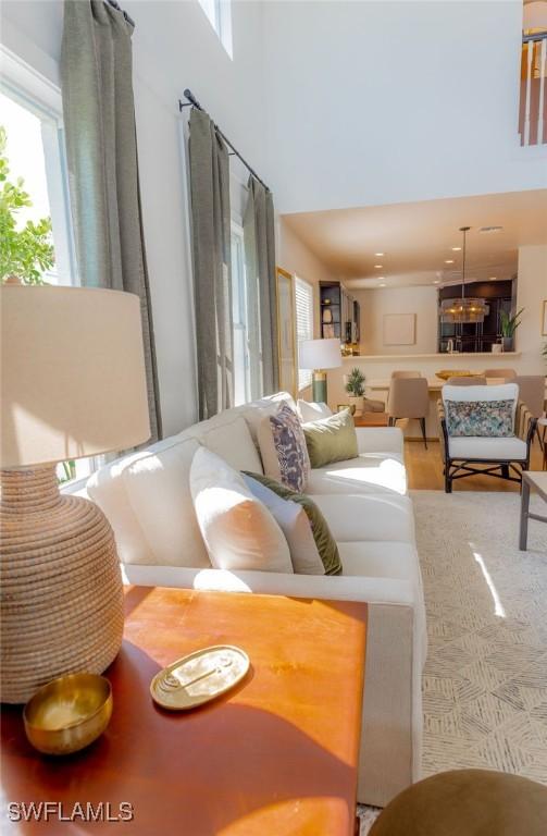 living room featuring a high ceiling