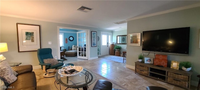 living room featuring ornamental molding