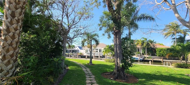 view of community with a yard and a water view