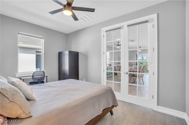 bedroom featuring french doors and ceiling fan