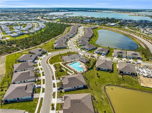 drone / aerial view featuring a water view