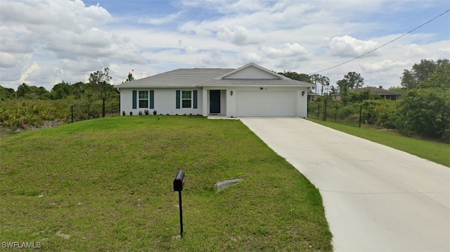 single story home featuring a garage and a front yard