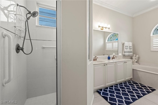 bathroom featuring tile patterned flooring, ornamental molding, plenty of natural light, and independent shower and bath