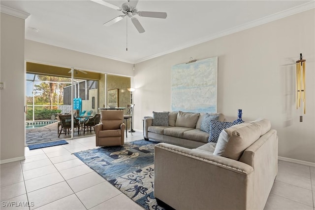 tiled living room featuring crown molding and ceiling fan