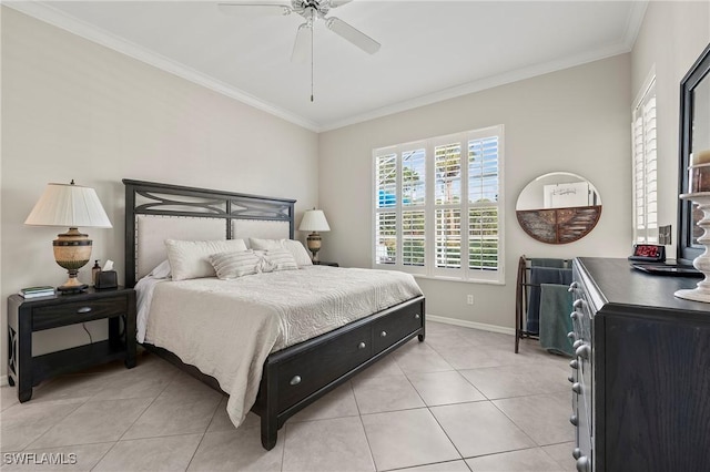 bedroom featuring crown molding, light tile patterned floors, and ceiling fan