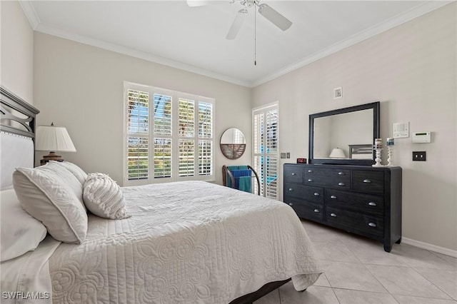 bedroom featuring crown molding, light tile patterned floors, and ceiling fan