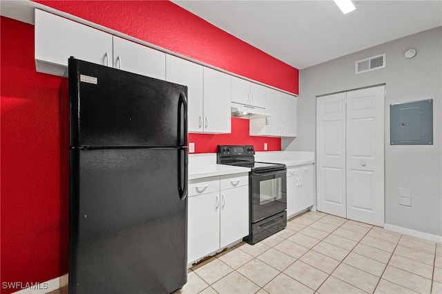 kitchen with light tile patterned flooring, black appliances, white cabinets, and electric panel